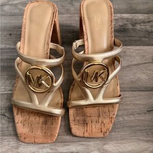 MICHAEL Michael Kors Metallic Gold Cork Logo Slide Heels